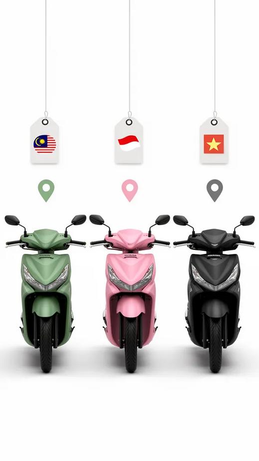 Three Honda Vario 2026 scooters in matte green, matte pink, and matte black, each accompanied by a price-tag icon and location-pin symbols for Malaysia, Indonesia, and Vietnam on a clean background.
