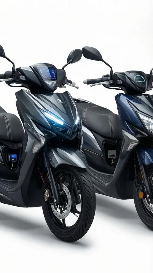 Side-by-side comparison of two Honda Vario scooters on white background: left 2026 model with LED headlight, LCD dashboard, USB-C port and stitched seat; right current model with halogen headlight, analog gauge and USB-A port.