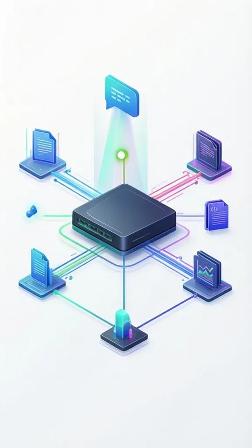 Digital illustration of a central AI router hub distributing an incoming query to multiple specialized LLM model icons via colored lines, in a clean flat-design style.