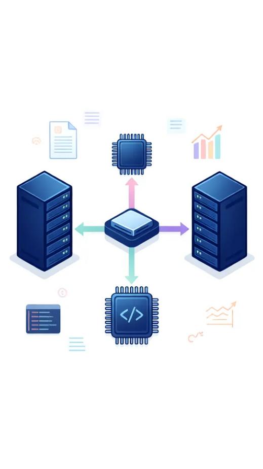 Vector infographic illustrating an AI router directing diverse requests—documents, charts, code—to specialized lightweight, heavy reasoning, and coding models.