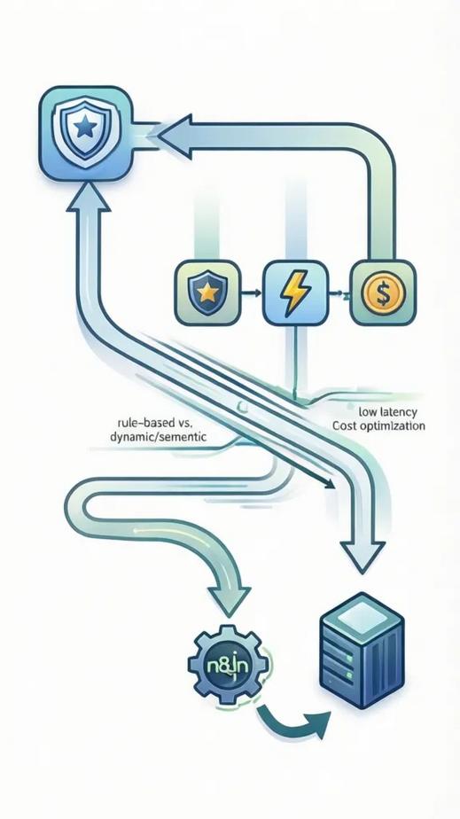 Illustration of an AI routing pipeline with icons for quality, low latency, cost optimization, branching channels for rule-based and dynamic routing, fallback loop, and an integration gear for n8n