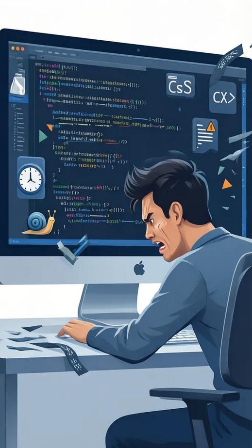 Minh họa nhà phát triển đang mệt mỏi vì scraping thủ công, màn hình lẫn lộn mã HTML, CSS, JS với biểu tượng cảnh báo và đồng hồ chậm, thể hiện độ trễ và lỗi khi trích xuất dữ liệu