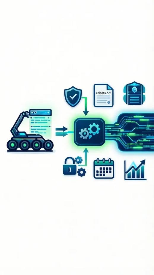 Minh họa quy trình tích hợp Firecrawl và n8n với các biểu tượng bảo mật, tuân thủ chính sách web, quản lý credentials, bảo trì và mở rộng.