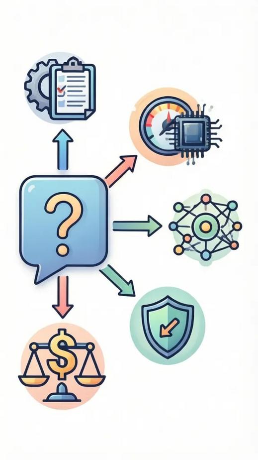 Flat design illustration of an AI routing flow: a central chat bubble icon with five colored arrows leading to icons representing rule-based (gear with checklist), dynamic model selection (speedometer and microchip), semantic routing (clustered nodes), cost-based routing (dollar sign on scale), and failover routing (shield with fallback arrow).