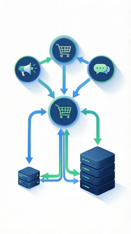 Flat-style illustration of a workflow routing marketing, sales, and support tasks to lightweight and powerful AI model servers
