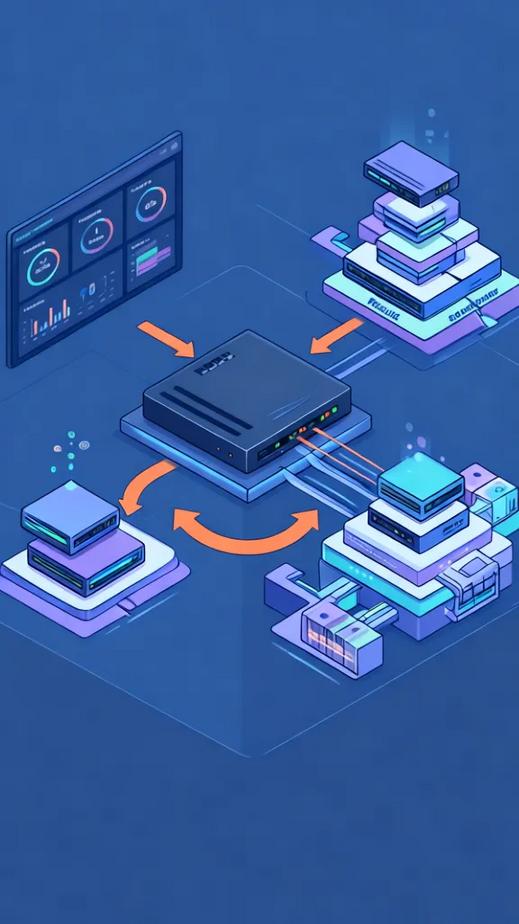 Flat-style illustration of an AI LLM routing system: a central router directing requests to different model endpoints based on complexity, an error fallback loop, and a side panel showing monitoring charts and a documentation icon.