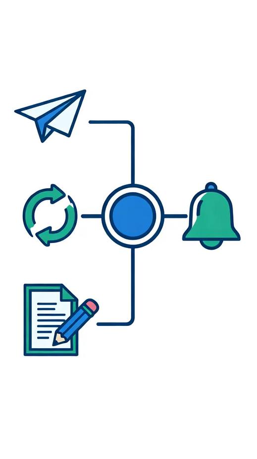 Flat vector illustration showing publish (paper plane), restart (circular arrow), and update (pencil over document) icons feeding into a central node, which then leads to a notification bell, symbolizing internal workflow event triggers in n8n.