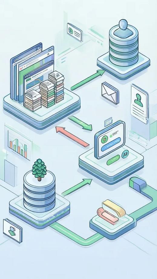Isometric flat design illustration of an AI workflow pipeline: web crawler, document storage, vector database, AI chat interface, email and Slack notifications, market analysis charts, user profiles for lead enrichment.