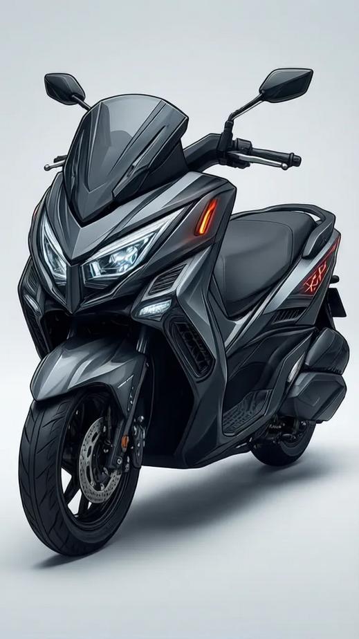 Three-quarter front view of a Honda Vario 2026 scooter on a clean white background, showcasing its angular front mask, aerodynamic side lines, integrated side vents, triangular LED headlights, separated turn signals, and X-shaped rear LED light.