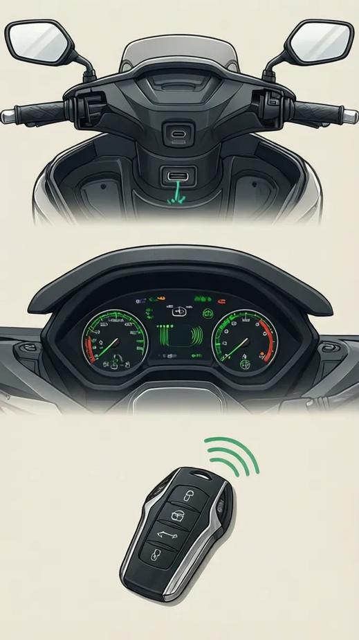 Illustration of Honda Vario 2026’s front storage USB-C port, digital LCD dashboard, and Smart Key remote
